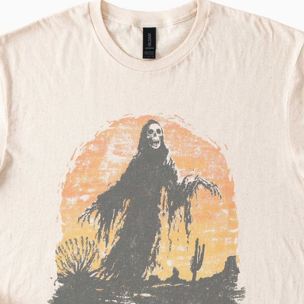 Skeleton Desert Reaper Graphic Tee Vintage Woodcut Style